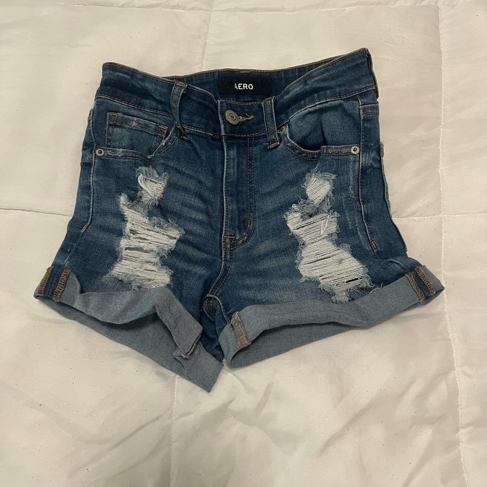 Aeropostale High Rise Midi Ripped Jean Shorts